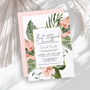 Roze Tropische Bloemige Bat Mitzvah Kaart
