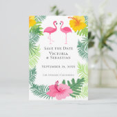 Roze Tropische bruiloft Flamingo slaat de datum op Save The Date (Staand voorkant)