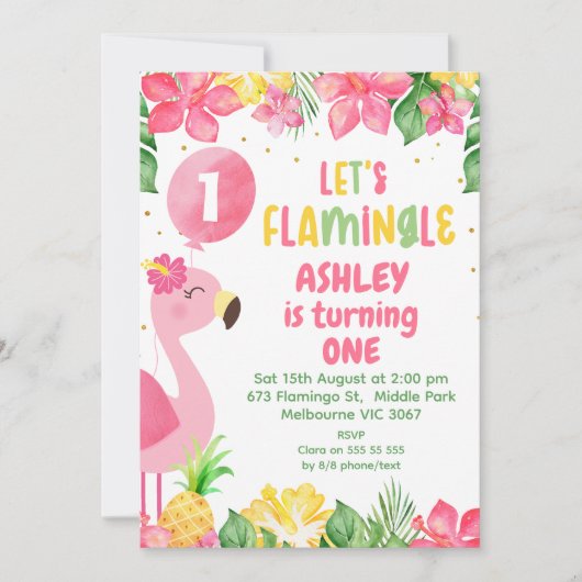 Roze Tropische Flamingo Laten we Flamingle 1e Verj Kaart (Voorkant)