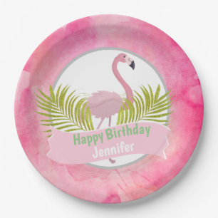 Roze Tropische Flamingo Palm Frond Birthday Papieren Bordje
