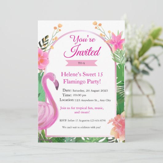 Roze Tropische Flamingo Verjaardag Uitnodiging (Staand voorkant)