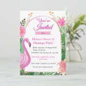 Roze Tropische Flamingo Verjaardag Uitnodiging (Staand voorkant)