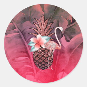 Roze tropische glitter Pineapple Luau Party Ronde Sticker
