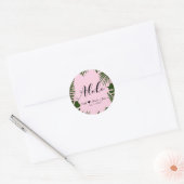 Roze Tropische Groene Bladeren Strand Bruiloft ALO Ronde Sticker (Envelop)