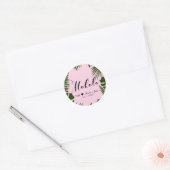 Roze Tropische Groene Bladeren Strand Bruiloft Mah Ronde Sticker (Envelop)