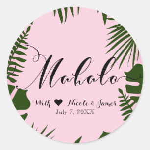 Roze Tropische Groene Bladeren Strand Bruiloft Mah Ronde Sticker