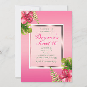 Roze Tropische Hibiscus & Leaves Party Invitations Kaart