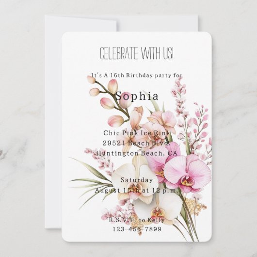 Roze tropische orchidee bloemen verjaardag kaart (Voorkant)