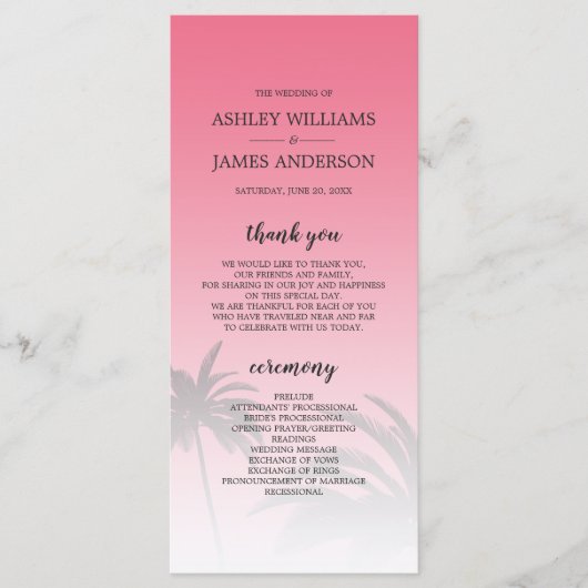 Roze tropische palboom strandtrouw programma (Voorkant)