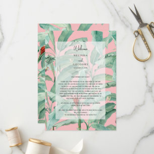 Roze tropische palmbladeren trouwroute programma