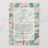 Roze tropische palmbladeren trouwroute programma (Voorkant)