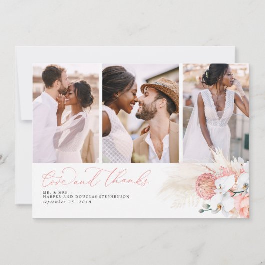 Roze Tropische Pampas Gras Bruiloft Dank u Bedankkaart (Voorkant)