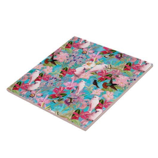 Roze tropische vogel en orchidee fluitpatroon tegeltje (Zijkant)