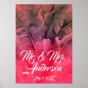 Roze Tropische zomerpalm laat strandbruiloft valle Poster