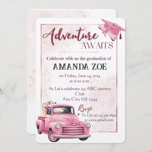 Roze truck afstuderen uitnodiging (Voorkant / Achterkant)