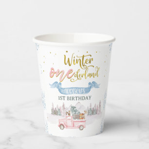Roze Truck Banner Winter Onederland Verjaardagsbek Papieren Bekers