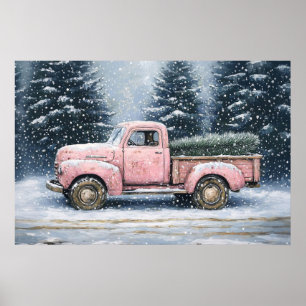 Roze truck die een kerstboom vervoert poster