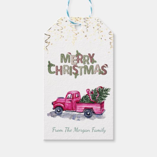 Roze Truck Pine Trees, Confetti, Vrolijk Kerstfees Cadeaulabel (Voorkant)
