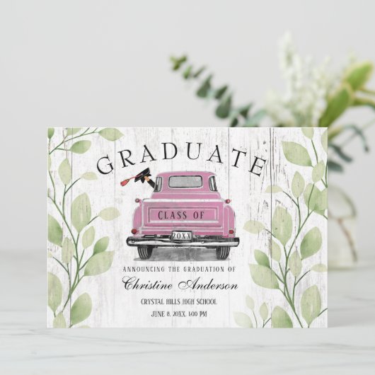 Roze Truck Rustiek Groen 2025 Afstuderen Aankondiging (Staand voorkant)