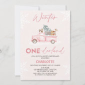Roze Truck Woodland Winter Onederland 1e verjaarda Kaart (Voorkant)