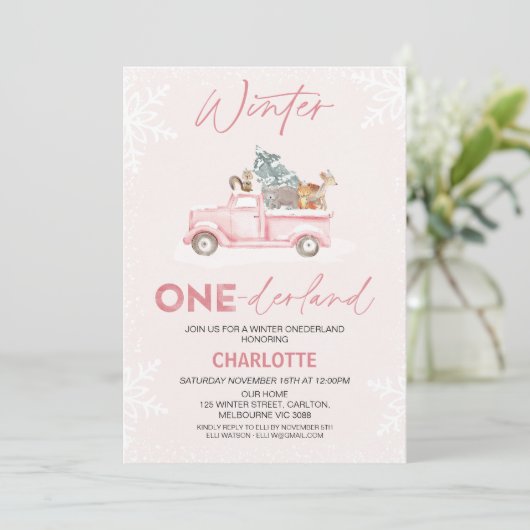 Roze Truck Woodland Winter Onederland 1e verjaarda Kaart (Staand voorkant)