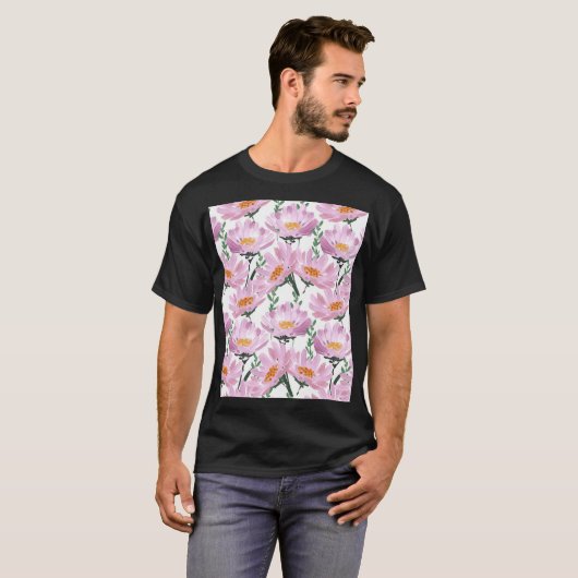 Roze tuinbloemen: naadloos met de hand getekend. t-shirt (Voorkant volledig)