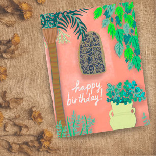 Roze tuinmuur Exotische palmboom HAPPY BIRTHDAY Briefkaart