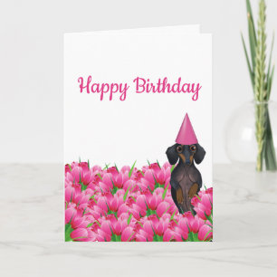 Roze Tulip Dachshund Birthday Kaart