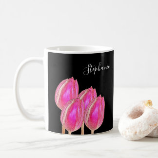 Roze Tulip Floral Monogram Naam Zwarte Aangepaste Koffiemok