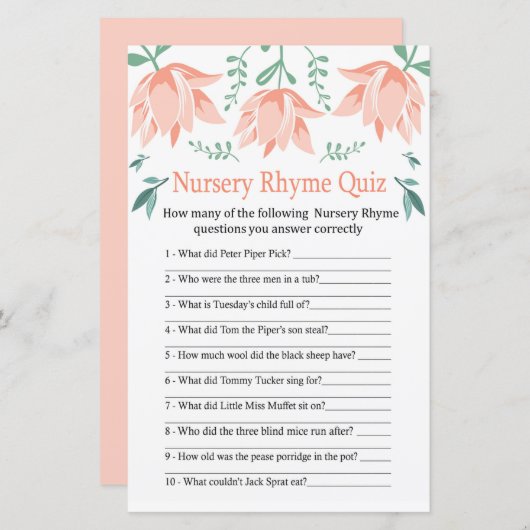 Roze Tulip Nursery Rhyme Quiz baby shower game (Voorkant / Achterkant)