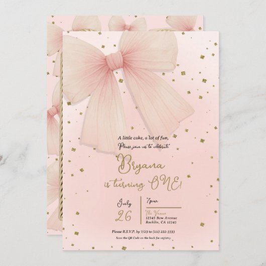 Roze Tulle Bow & Gouden Confetti 1e Verjaardag Kaart (Voorkant / Achterkant)