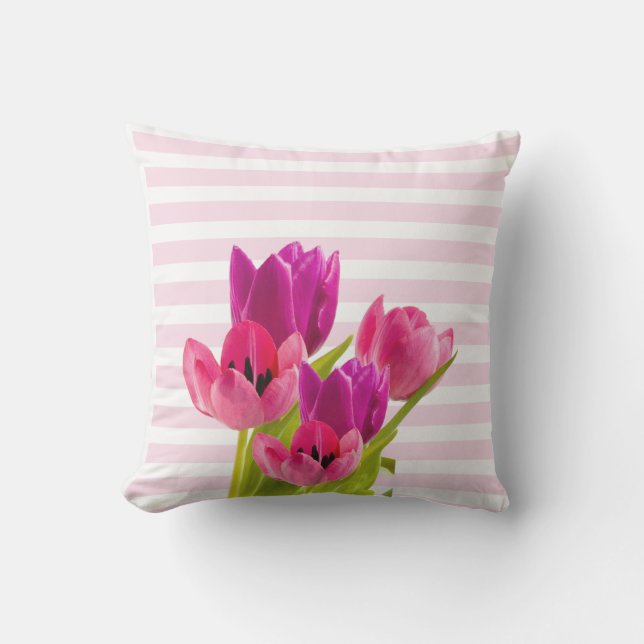 Roze Tulp-bloemen met roze strepen Decoratief Buitenkussen (Voorkant)