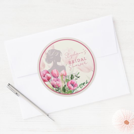 Roze Tulp Bruiloft Sticker Rond (Envelop)