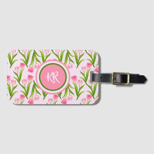  roze Tulp Floral Flowers Leaves Monogram Bagagelabel (Voorkant (horizontaal))