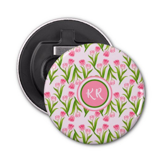  roze Tulp Floral Flowers Leaves Monogram Button Flesopener (Voorkant)
