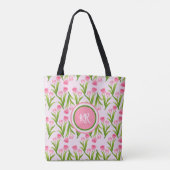 roze Tulp Floral Flowers Leaves Monogram Draagtas (Achterkant)