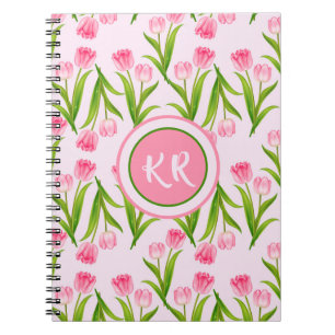  roze Tulp Floral Flowers Leaves Monogram Notitieboek