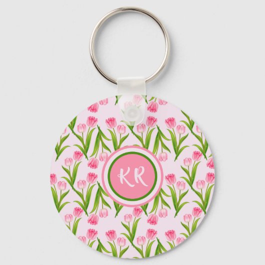 roze Tulp Floral Flowers Leaves Monogram Sleutelhanger (Voorkant)
