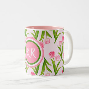 roze Tulp Floral Flowers Leaves Monogram Tweekleurige Koffiemok