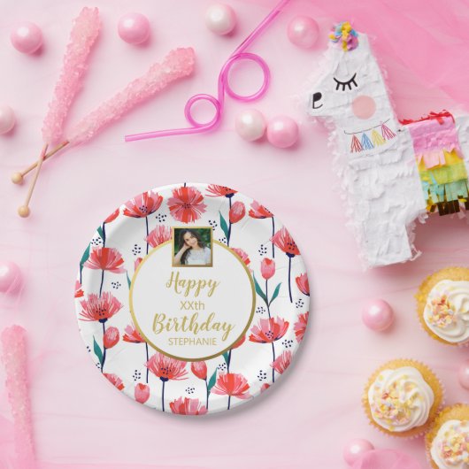 roze Tulp Flowers, Birthday, Aangepaste foto Papieren Bordje (Feest)