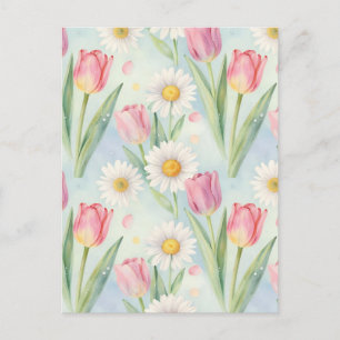 Roze Tulp Madeliefje Waterverf Lente Patroon Briefkaart
