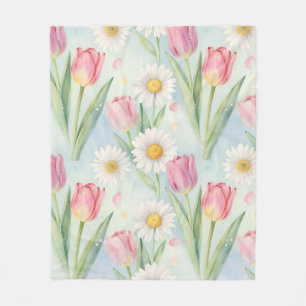 Roze Tulp Madeliefje Waterverf Lente Patroon Fleece Deken