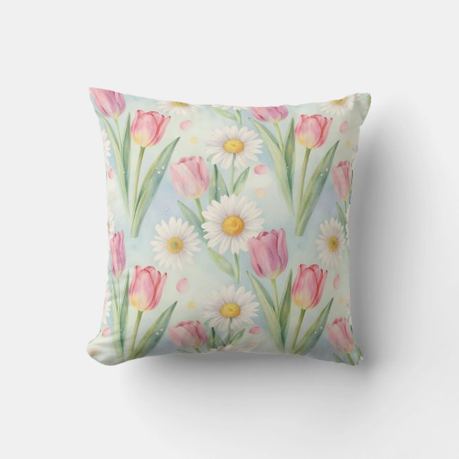 Roze Tulp Madeliefje Waterverf Lente Patroon Kussen (Voorkant)