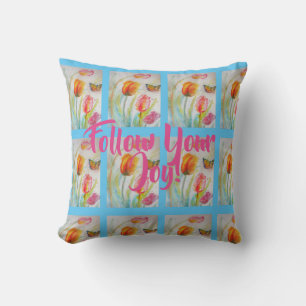 Roze Tulp Tulips Floral Waterverf Blue Cushion Kussen