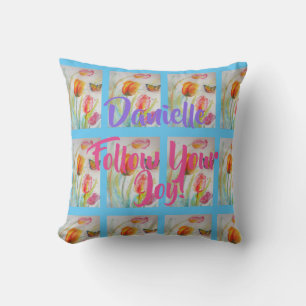 Roze Tulp Tulpen Bloem Waterverf Blauwe Kussen