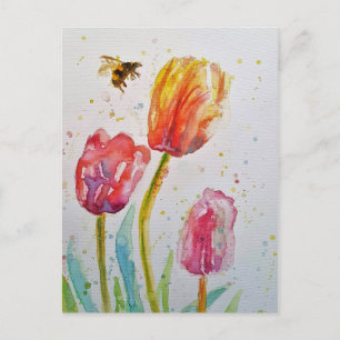 Roze Tulp Tulpen Bloemen Waterverf kunst Briefkaar Feestdagenkaart