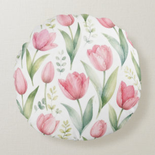 Roze Tulpen Aquarel Bloemschilderkunst Botanisch Rond Kussen