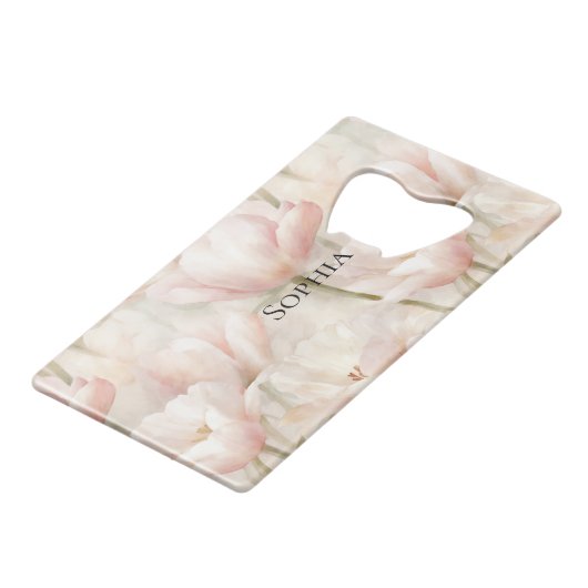 Roze Tulpen Bloemrijke Bruiloft Feest Kredietkaart Flessenopener (Voorkant Gekanteld)