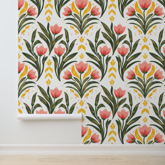 Roze tulpen en groen behang
