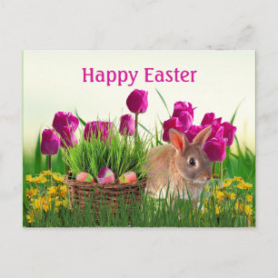 Roze tulpen en Paashaas Vakantie Briefkaart